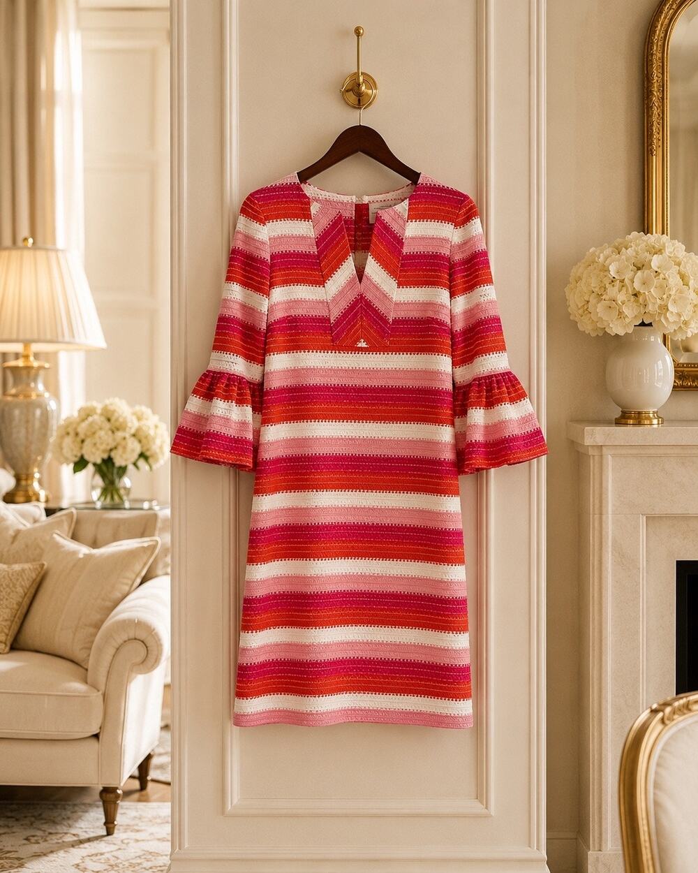Trina Turk Pink White Stripe Bell Sleeve Shift Dress V-Neck Size 4 Resort Summer
